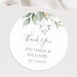 Pegatina Redonda Eucalyptus Greenery Gold Leaves Boda Gracias<br><div class="desc">Hermoso boda Gracias pegatinas con eucalipto acuarela y hojas de oro.</div>