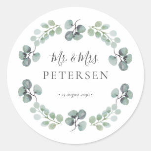 Pegatina Redonda Eucalyptus greenery mr y mrs name boda