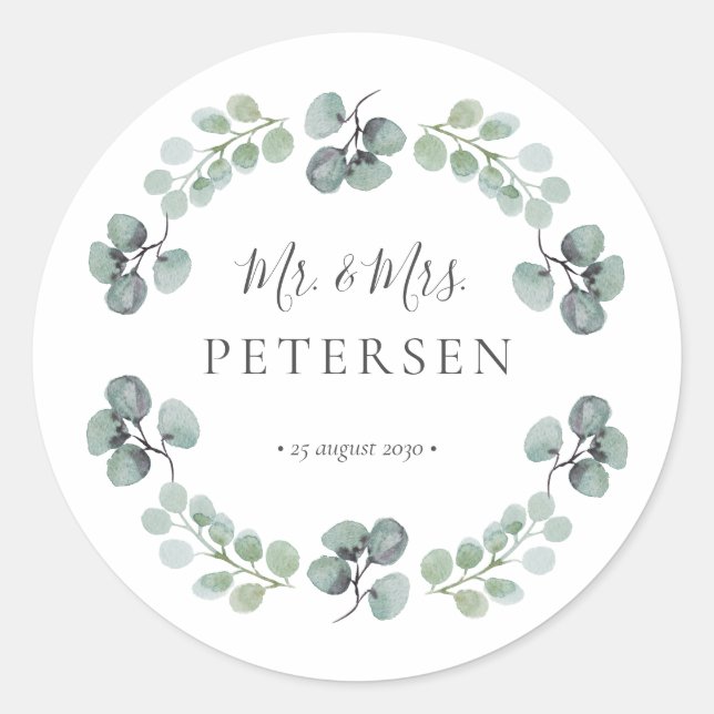 Pegatina Redonda Eucalyptus greenery mr y mrs name boda (Anverso)