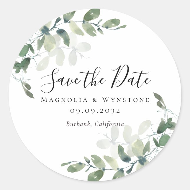 Pegatina Redonda Eucalyptus Greenery Save the Date (Anverso)