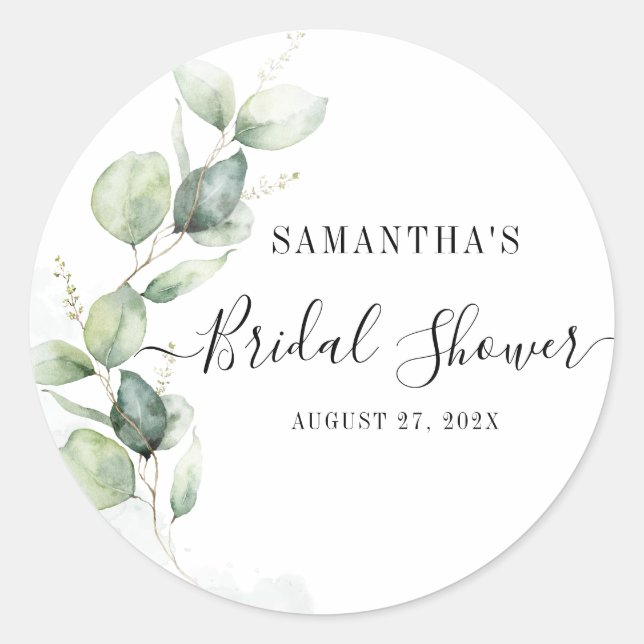Pegatina Redonda Eucalyptus Greenery Watercolour Bridal Shower (Anverso)