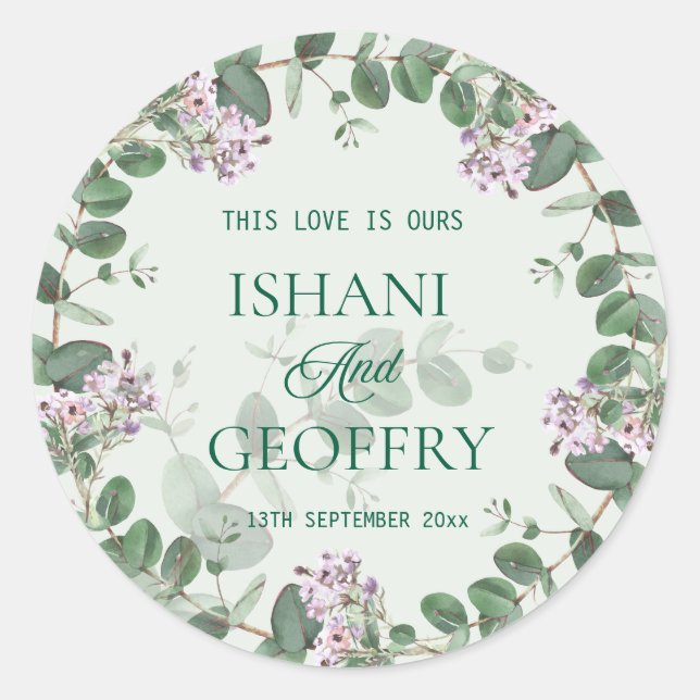 Pegatina Redonda Eucalyptus Leaves Greenery Wedding (Anverso)