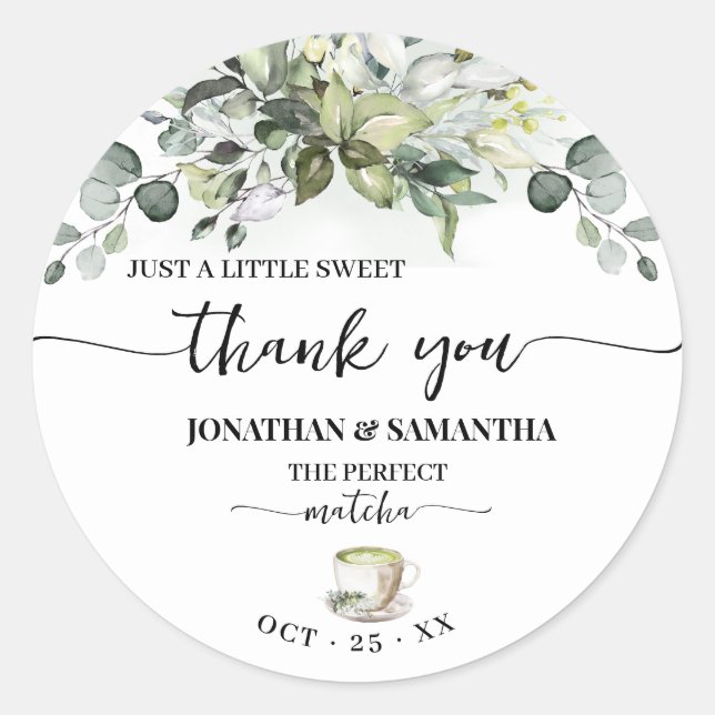 Pegatina Redonda Eucalyptus Matcha Sweet Thank You Bridal Shower (Anverso)