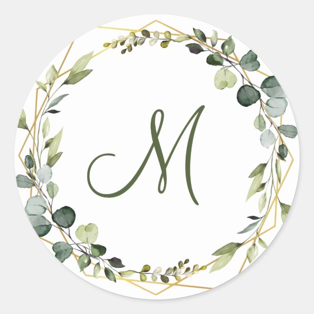 Pegatina Redonda Eucalyptus moderno Wreath MONOGRAM Boho (Anverso)
