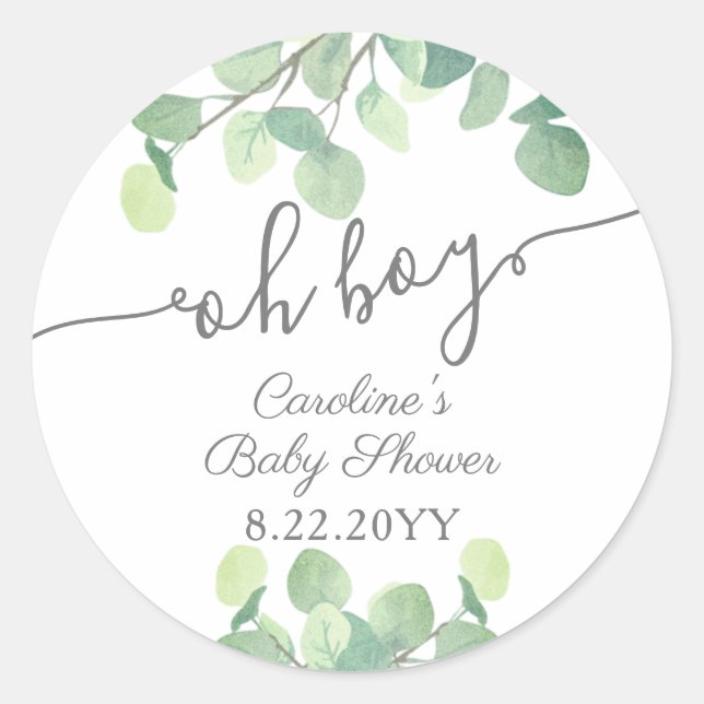 Pegatina Redonda Eucalyptus Oh Boy Baby Shower (Anverso)