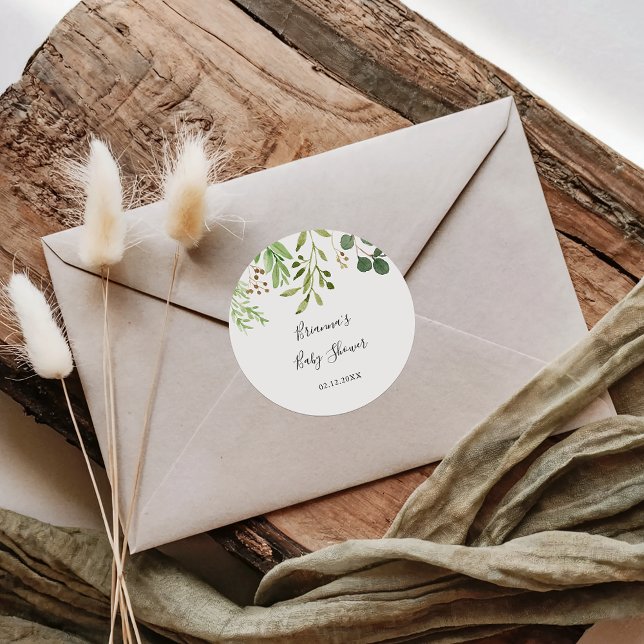 Pegatina Redonda Eucalyptus Simple Brown Floral Baby Shower Favor (Subido por el creador)