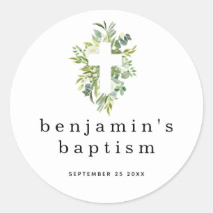 Pegatina Redonda Eucalyptus simple deja nombre cruzado fecha bautis
