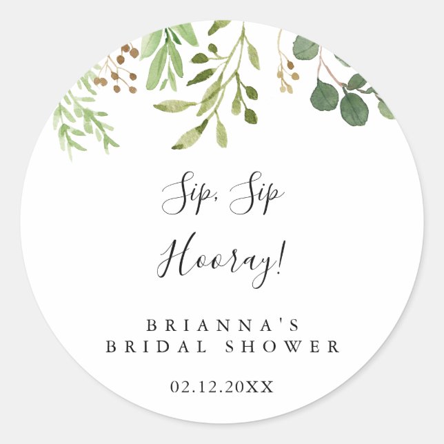 Pegatina Redonda Eucalyptus Simple Sip Sip Hooray Bridal Shower (Anverso)