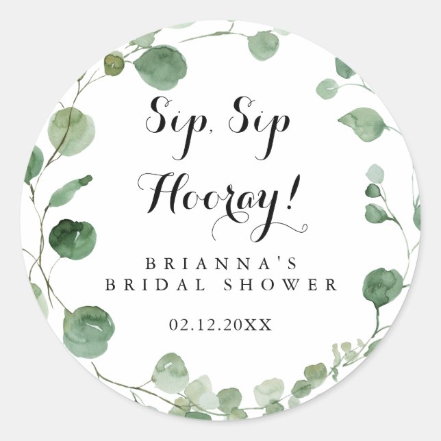 Pegatina Redonda Eucalyptus Sip Sip Hooray Bridal Shower (Anverso)