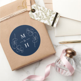 Pegatina Redonda Eucalyptus Springs Monogram Navy Blue Wedding