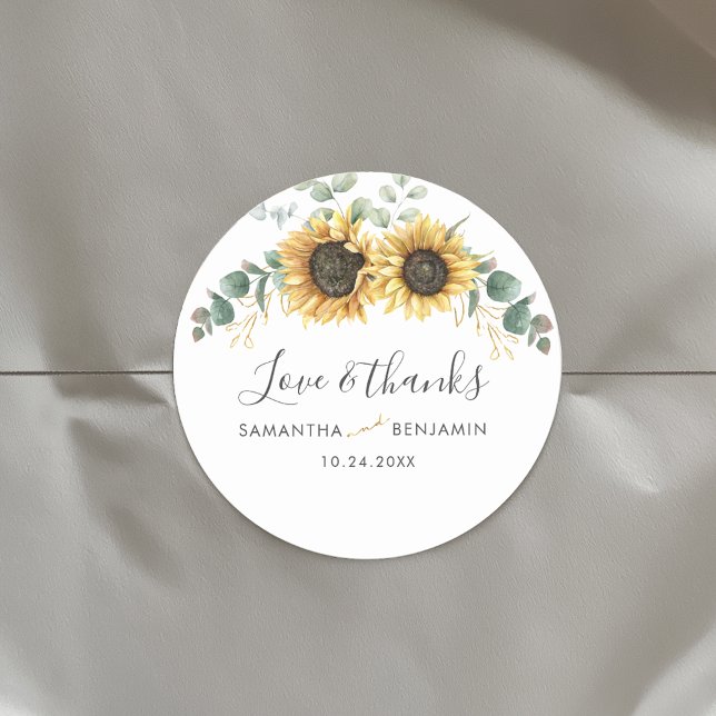 Pegatina Redonda Eucalyptus Sunflower Floral Boda Gracias (Floral Sunflower Eucalyptus Elegant Script Wedding Envelope Seals Round Sticker)