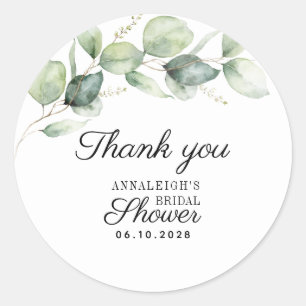 Pegatina Redonda Eucalyptus Watercolor Bridal Shower Gracias