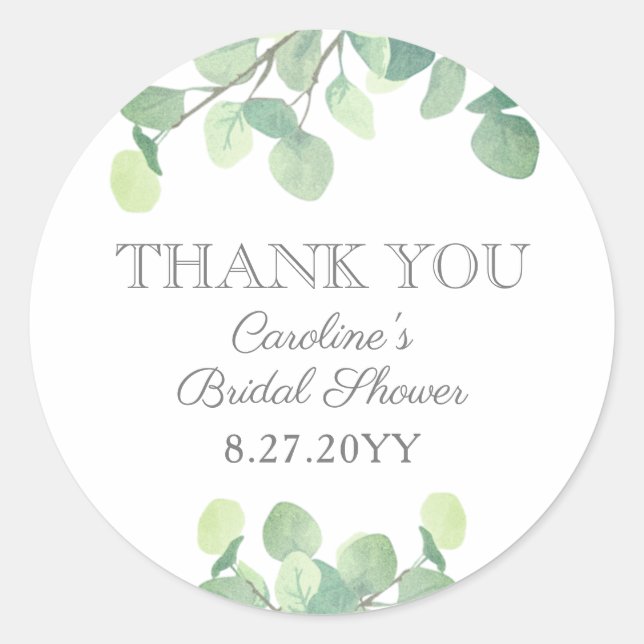 Pegatina Redonda Eucalyptus Watercolor Greenery Bridal Shower (Anverso)