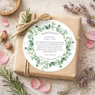 Pegatina Redonda Eucalyptus Watercolor Wreath Ingredients Labels