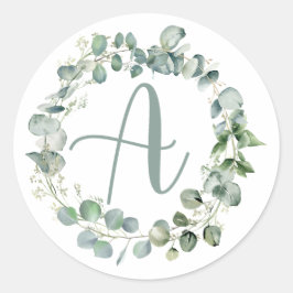 Pegatina Redonda Eucalyptus Wreath Monograma Tipografía Inicial A