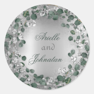 Pegatina Redonda Eucalyptus Wreath Nombre Boda Favor Gris Verde