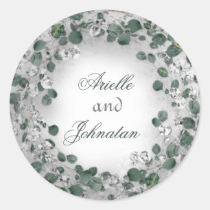 Pegatina Redonda Eucalyptus Wreath Nombre Boda Favor Plata Verde