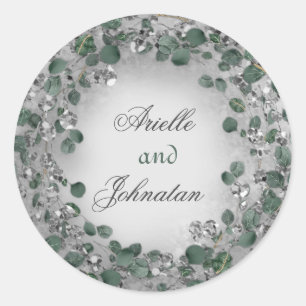 Pegatina Redonda Eucalyptus Wreath Wedding Favor Rustic Mint Silver