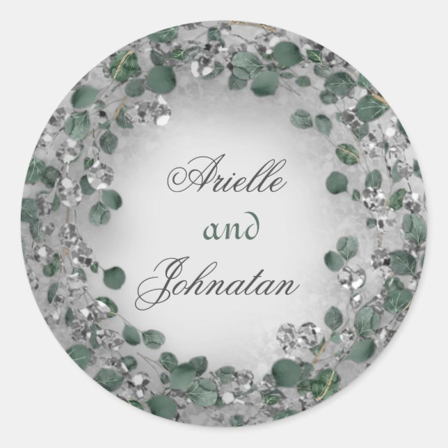 Pegatina Redonda Eucalyptus Wreath Wedding Favor Rustic Mint Silver (Anverso)