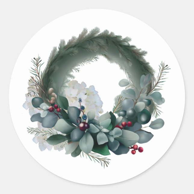 Pegatina Redonda Eucalyptus y Pine Bough Wreath (Anverso)