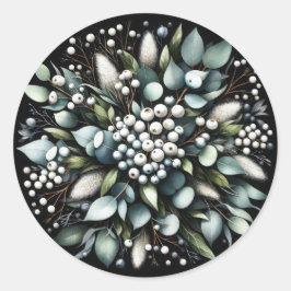 Pegatina Redonda Eucalyptus y Snowberries Wreath Watercolor