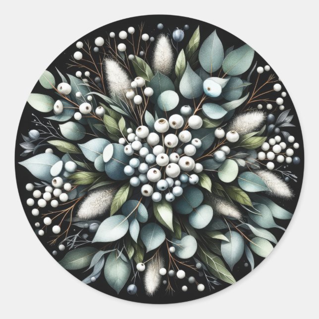 Pegatina Redonda Eucalyptus y Snowberries Wreath Watercolor (Anverso)