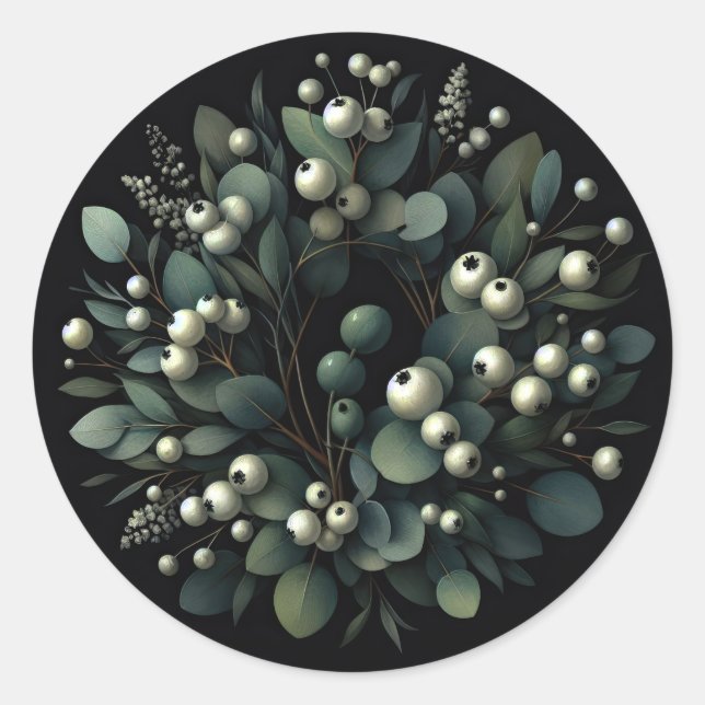 Pegatina Redonda Eucalyptus y Snowberries Wreath Watercolor (Anverso)