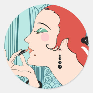 Pegatina Redonda EVE, la Dama del Art Deco en Aqua y Verde azulado