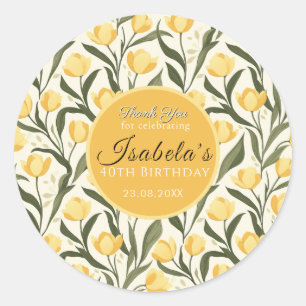 Pegatina Redonda Evento de cumpleaños con tema de tulipán amarillo 