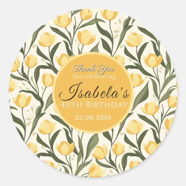 Pegatina Redonda Evento de cumpleaños con tema de tulipán amarillo  (Anverso)