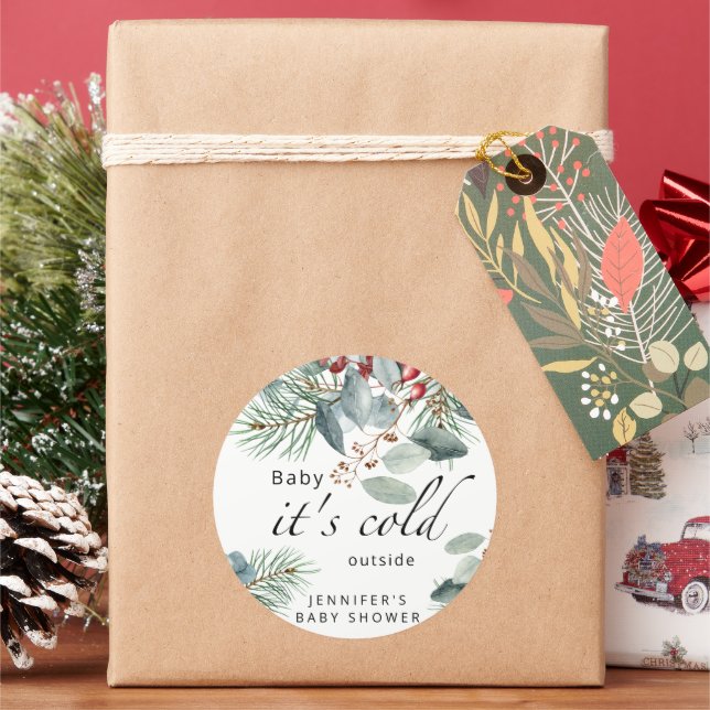 Pegatina Redonda Evergreen Baby hace frío afuera de la ducha de beb (Vacaciones)