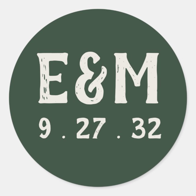 Pegatina Redonda Evergreen Mountain Forest Green White Initials (Anverso)