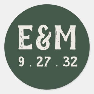 Pegatina Redonda Evergreen Mountain Forest Green White Initials