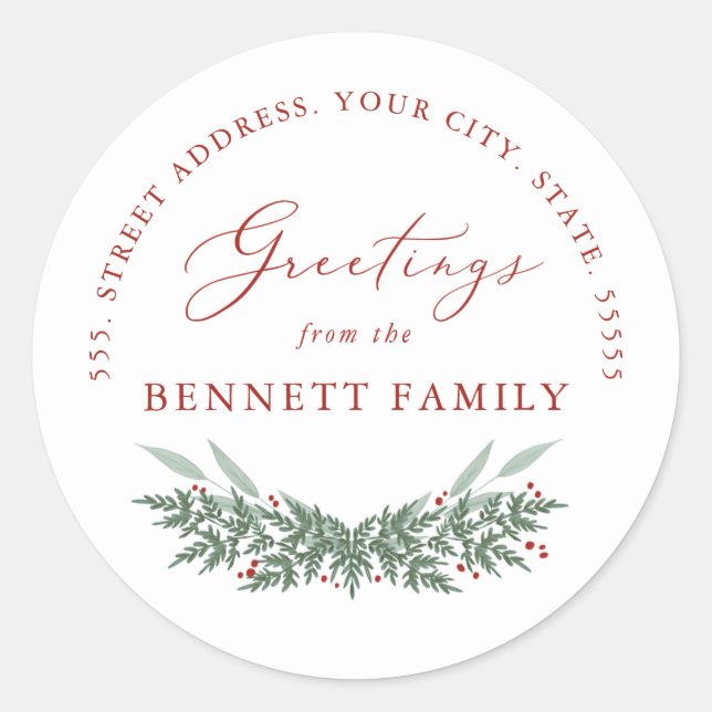 Pegatina Redonda Evergreen y Berries, dirección de retorno (Anverso)