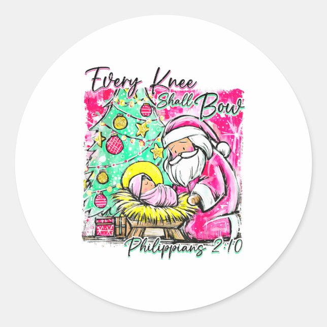 Pegatina Redonda Every Knee Shall Bow Santa Christmas Nativity Scen (Anverso)