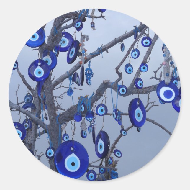 Pegatina Redonda Evil Eye Tree, Blue Nazar Amulet Accesorios de enc (Anverso)