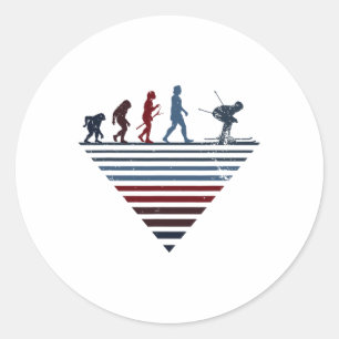 Pegatina Redonda Evolución Humana - Jugador Esquí Antiguo 