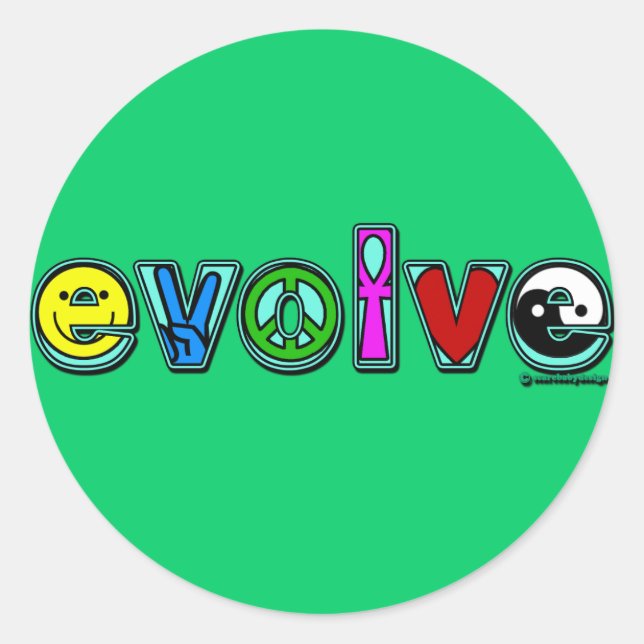 Pegatina Redonda EVOLUCIONAR con seis símbolos de paz y progreso (Anverso)