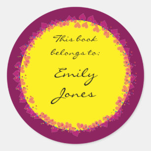 Pegatina Redonda Ex libris con corazones lindos