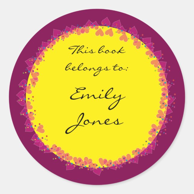 Pegatina Redonda Ex libris con corazones lindos (Anverso)