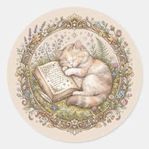 Pegatina Redonda Ex libris de gato lindo personalizado