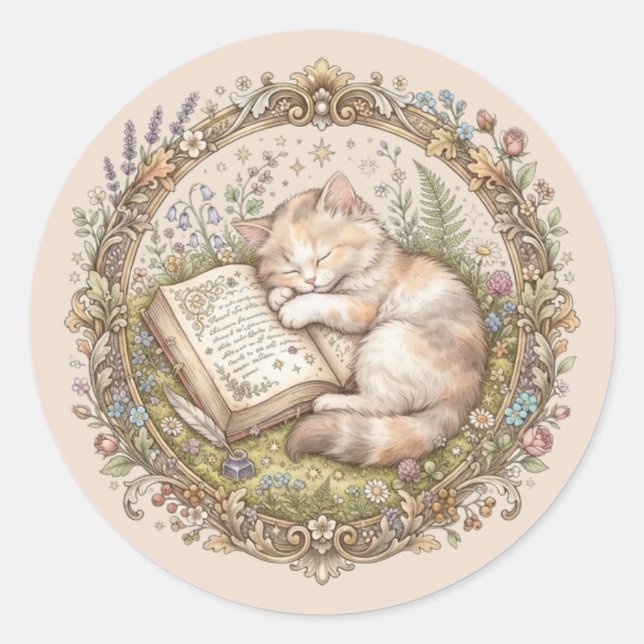 Pegatina Redonda Ex libris de gato lindo personalizado (Anverso)