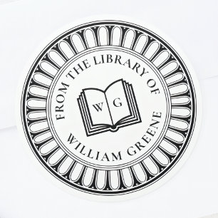 Pegatina Redonda Ex Libris de libro abierto clásico con monograma