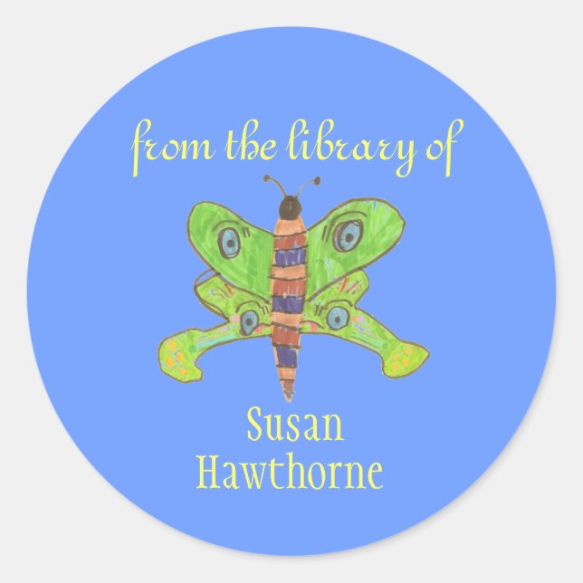 Pegatina Redonda Ex libris de mariposa (Anverso)