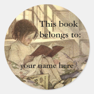 Pegatina Redonda Ex libris de niño antiguo leyendo un libro