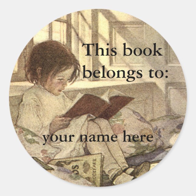 Pegatina Redonda Ex libris de niño antiguo leyendo un libro (Anverso)