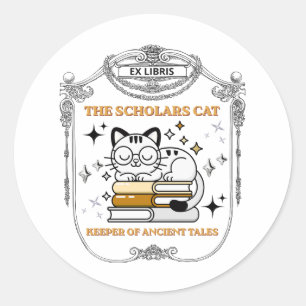Pegatina Redonda Ex Libris Gato Erudito Dark Academia Vintage Etiqu