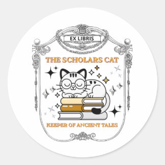 Pegatina Redonda Ex Libris Gato Erudito Dark Academia Vintage Etiqu