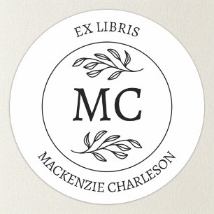 Pegatina Redonda Ex Libris Personalizado con Monograma de Libro