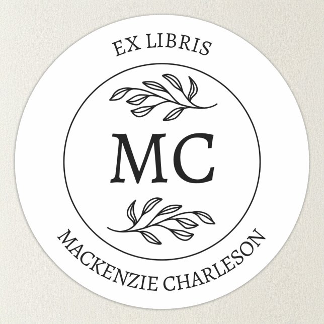 Pegatina Redonda Ex Libris Personalizado con Monograma de Libro (Botanical Leaf classical monogram initial personalized Ex Libris from the library of sticker)
